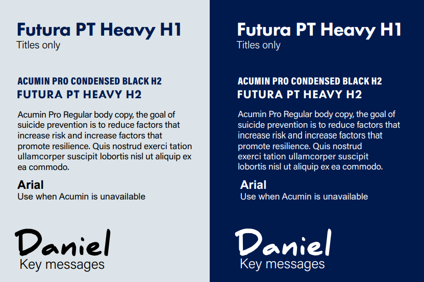 Futura PT Heavy H1, Acumin Pro Condensed Black H2, use Arial when Acumin is unavailable