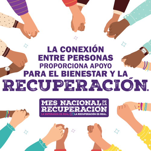 Ilustración infográfica de un círculo multirracial de manos que rodean un texto que dice 'La conexión entre personas proporciona apoyo para el bienestar y la recuperación.' Debajo del texto hay un logotipo que dice: 'Mes Nacional de la Recuperación. La esperanza es real. La recuperación es real.'.