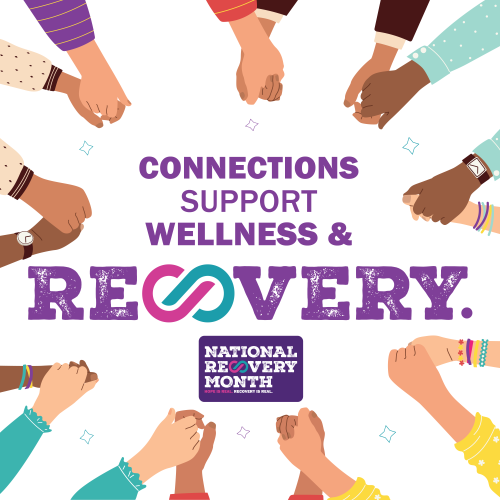 Infographic illustration of a multiracial circle of hands surrounding text that says, 'Connections support wellness & recovery.' Below the text is a logo that reads, 'National Recovery Month. Hope is real. Recovery is real.'