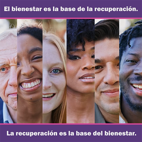 Ilustración gráfica con un fondo morado que muestra a diversas personas que visten camisas coloridas y sonríen. El texto blanco en la parte superior dice: “El bienestar es la base de la recuperación.” El texto blanco en la parte inferior dice: “La recuperación es la base del bienestar.”.