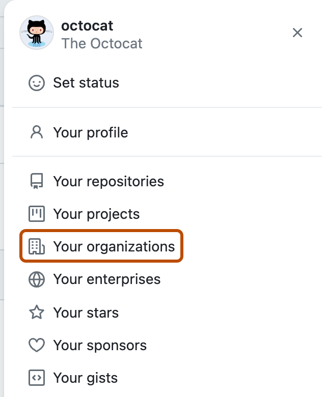 Screenshot of the dropdown menu under @octocat's profile picture. "Your organizations" is outlined in dark orange.