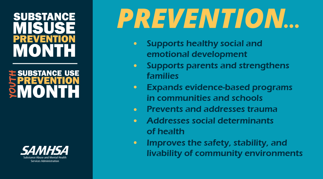 Text that reads, “Substance Misuse Prevention Month. Youth Substance Use Prevention Month. Prevention...supports healthy social and emotional development, supports parents and strengthens families, expands evidence-based programs in communities and schools, prevents and addresses trauma, addresses social determinants of health, improves the safety, stability, and livability of community environments.”