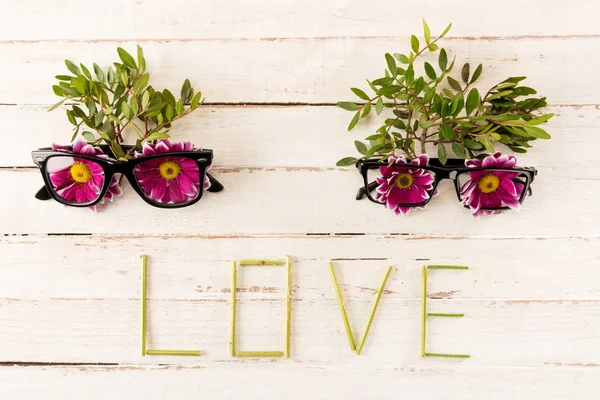 Eyeglasses and pink flowers — Stock Photo, Image