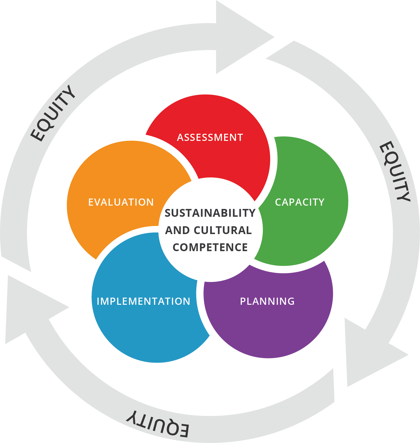 Five semicircles, labeled Assessment, Capacity, Planning, Implementation, and Evaluation, are arrayed around a central circle with the words Sustainability and Cultural Competence.