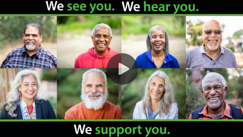 Animation, First screen: Eight close-up photos of eight different older adults smiling in a four by two grid frame. Animated text above the image reads, “We see you. We hear you.” The animated text below the image reads, “We support you.” Second screen: There is a four by two grid frame with eight close-up photos of eight different older adults smiling. Text overlay covers the image which reads, “Mental Health Awareness Month.”