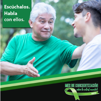 Un hombre de mediana edad y un adolescente están sentados en un parque. El hombre mira al adolescente mientras le habla.
El texto en la parte superior izquierda dice: 'Escúchalos. Habla con ellos.'
El logotipo en la parte inferior derecha dice: 'Mes de Concientización sobre la Salud Mental. Mayo'