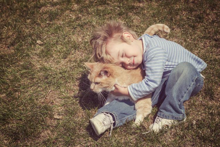 Young boy hugging his cat.