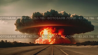 Nuclear explosion over desert landscape