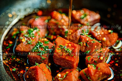 Raw marinated meat for barbecue. Marinade with oil, garlic, ginger, parsley, soy and teriyaki sauce