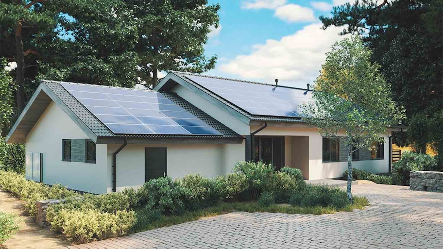 single story house with solar panels on roof