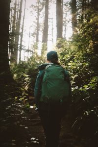 Person with a hat and backpack on facing a trail looking ahead into the woods with soft, warm light shining through the trees ahead.