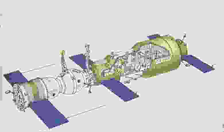 А это уже станция "Салют-1" вместе с "Союзом". Внешнее сходство с "Алмазом" более чем очевидно. Плюс хорошо видно, что на станции и "Союзе" стоят одинаковые солнечные панели