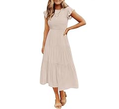 Women's 2024 Summer Casual Flutter Short Sleeve Crew Neck Smocked Elastic Waist Tiered Midi Dress