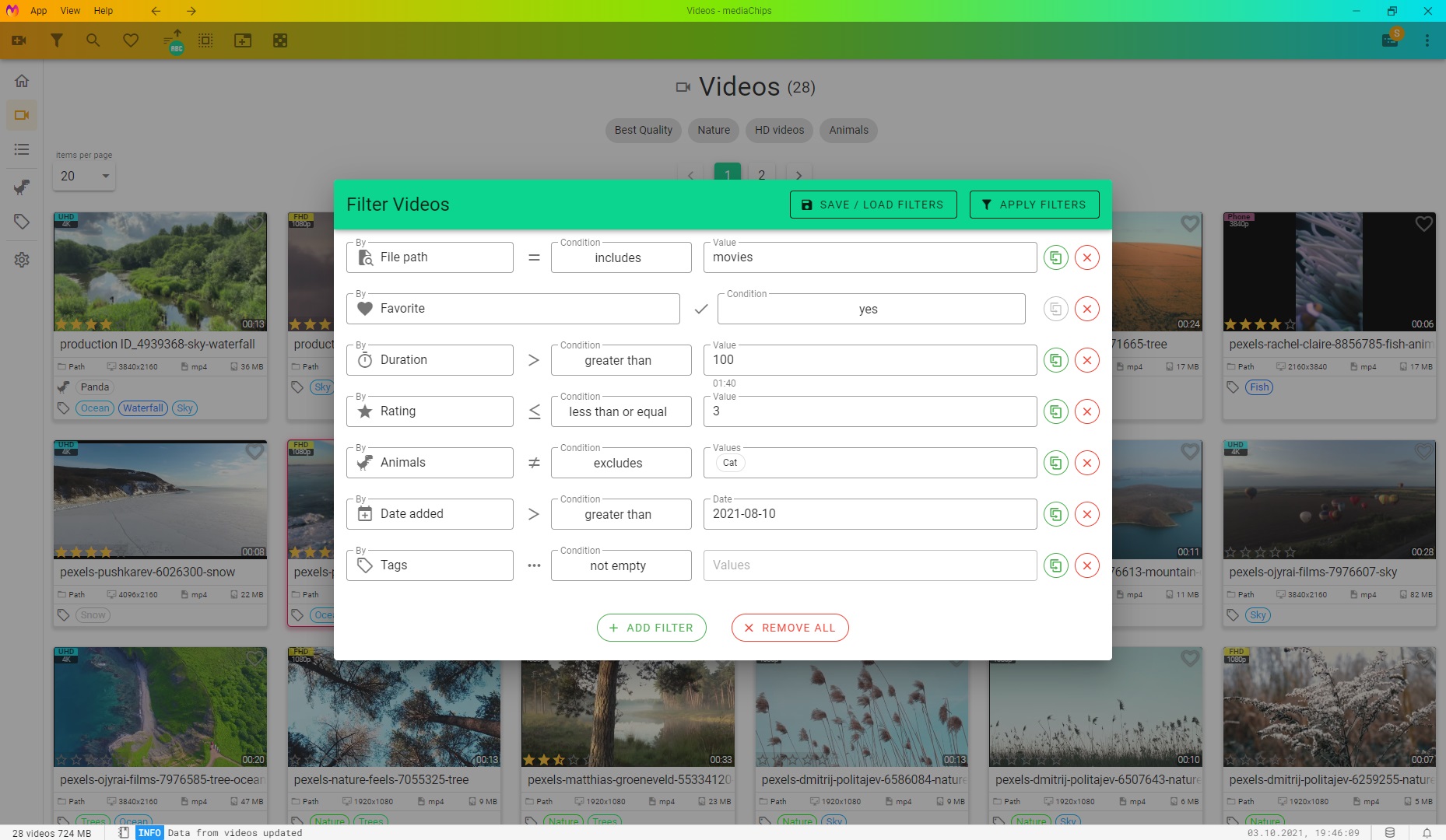 Fltering videos by metadata