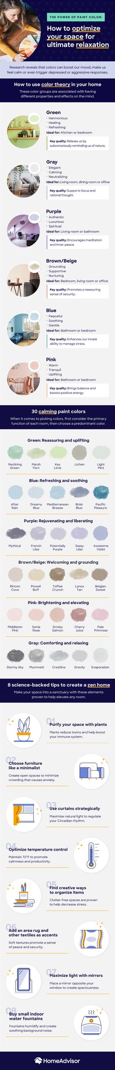 Infographic on using color theory to paint your home with more relaxing colors Health, Calming Colors, Calming, Relaxing Colors, Calm, Shades Of Violet, Light Purple Walls, Green Paint Colors