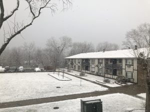 Winter scene with snowfall around a sweet home and trees