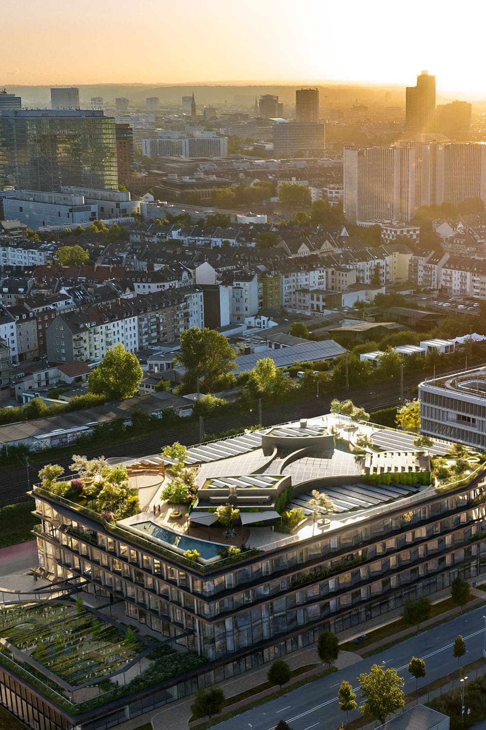 The roof garden offers fantastic views of Düsseldorf's iconic sights. It is a space dedicated to active relaxation, whether that’s working out, swimming lenghts or having a drink with friends.