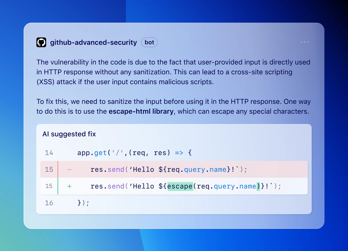 Code scanning autofix identifies vulnerable code and provides an explanation, together with a secure code suggestion to remediate the vulnerability