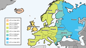 A map showing time zones in Europe.