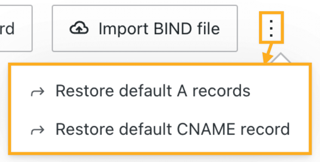 The options show the "Restore default A records" and "Restore default CNAME record" options.