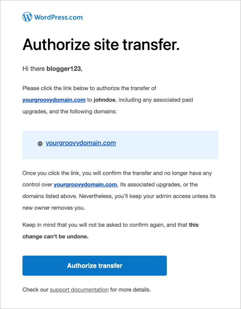Screenshot of site transfer authorization email with the "Authorize transfer" button.