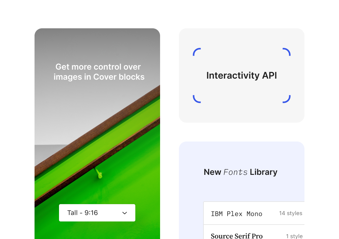 Väggmålning som visar upp nyheter i WordPress 6.5, bland annat funktionen för bildförhållande, interaktivitets-API:et och det nya typsnittsbiblioteket.