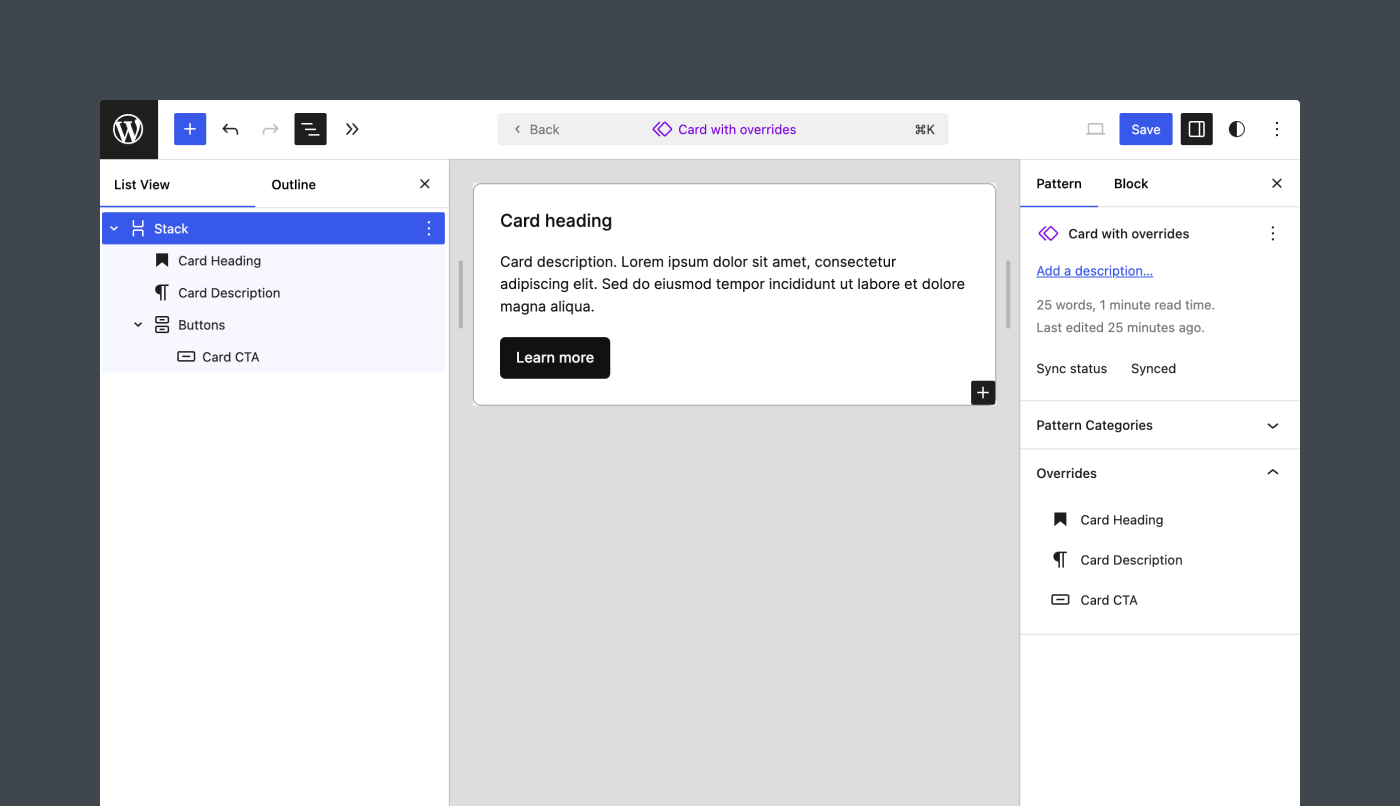 A synced Card pattern in the isolated pattern editor with all overrides enabled.