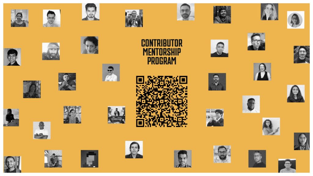 A yellow background poster showing photographs of graduated mentorship program mentees with a QR code that is linked to the early call for interest.