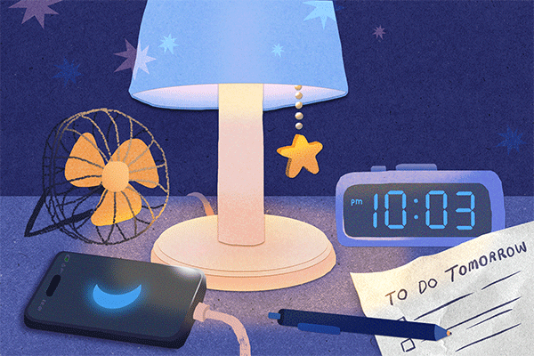 A GIF image of a lamp, a bedside clock, a fan, a to-do list and a phone set to night mode. 