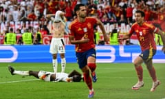 Mikel Merino celebrates after heading home for Spain in the last minute of extra time.