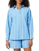 The Drop Women's Kendra Loose Fit Long Shirt, Blue/White Double Stripe, S