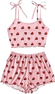 SweatyRocks Women's Summer Strawberry Print Cami Top and Shorts Sleepwear Pajamas Set