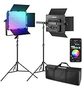 NEEWER 2 Pack PL60C RGB LED Panel Video Light Kit with 6.6ft/2m Spring Cushioned Light Stands/Bag...