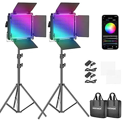 NEEWER 2 Pack 660 PRO RGB LED Video Light with App Control Stand Kit, 360° Full Color, 50W Dimmable Bi Color 3200K~5600K Studio Panel Lights CRI 97+ for Gaming Streaming Zoom YouTube Webex Photography