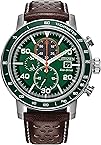 Citizen Men's Eco-Drive Weekender Brycen Chronograph Watch in Stainless Steel, Brown Preforated Leather Strap, Green Bezel, Time/Date, 3 Hand, Green Dial (Model:CA0851-05X)