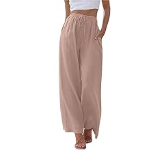 Women's Linen Summer Palazzo Pants Flowy Wide Leg Beach Pants with Pockets