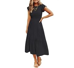 Women's 2024 Summer Casual Flutter Short Sleeve Crew Neck Smocked Elastic Waist Tiered Midi Dress