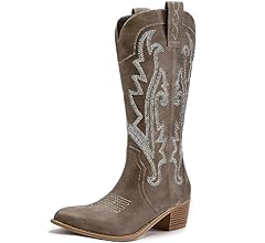 Women's Embroidered Western Cowboy Boots Fashion Pointed Toe Chunky Heel Mid Calf Cowgirl Boots