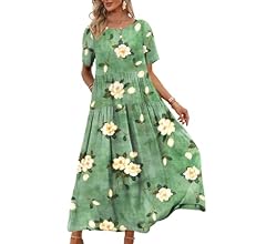 Women Casual Loose Bohemian Floral Dress with Pockets Short Sleeve Long Maxi Summer Beach Swing Dress EJF