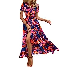 Womens Summer Wrap Maxi Dress Casual Boho Floral V Neck Short Sleeve Ruffle Hem Split Beach Long Dresses