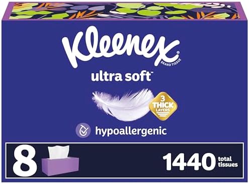 Kleenex Ultra Soft Facial Tissues, 8 Flat Boxes, 180 Tissues per Box, 3-Ply, Packaging May Vary