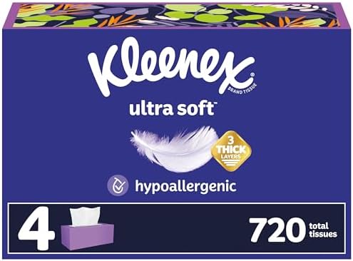 Kleenex Ultra Soft Facial Tissues, 4 Flat Boxes, 180 Tissues per Box, 3-Ply, Packaging May Vary