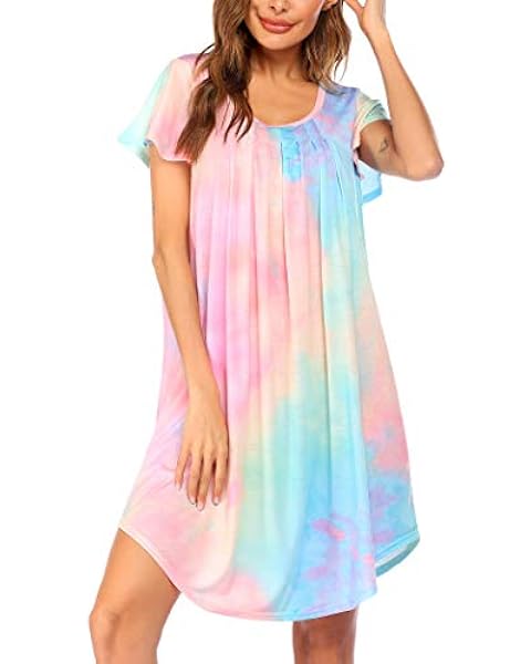 Ekouaer Womens Nightgown Soft Sleepwear Pleated Sleepshirt Sleep Dress Short Sleeve Nightdress Tie Dye PINK Blue S