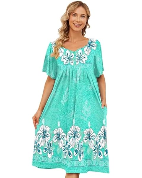 Moo Moos House Dresses for Women with Pockets Mumu Lounge Dresses Short Sleeve Duster Housecoats Patio Dresses Nightgowns House Dresses for Elderly Night Shirt Moomoo Dress for Women Sleepwear Green S