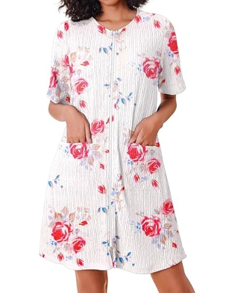 Ekouaer Women Zipper Robe Short Sleeves House Dress Knit Short Bathrobe Sleepwear with Pockets Housecoat Nightgown