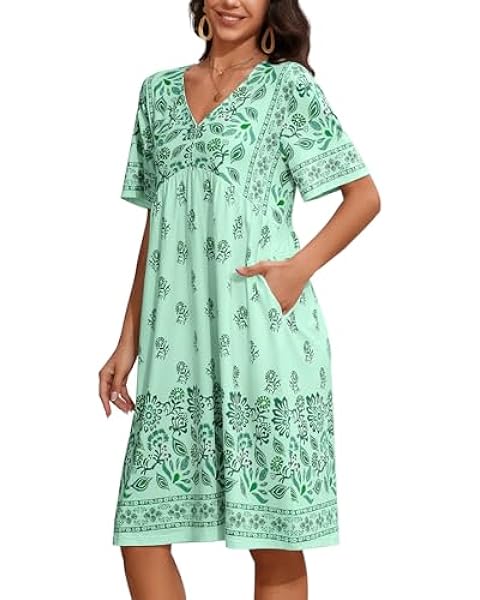 CRIPOM House Dress for Women with Pockets Mumu Dresses Summer Lounge Dresses Duster House Coats with Pockets Momo Patio Dress Florar Nightgown Plus Size House Dress for Elderly Light Green L