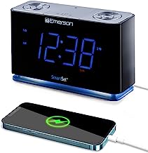 Emerson Smartset Radio Alarm Clock, 1.4" Blue LED Digital Display, USB Charging Port, Brightness Dimmer Controls, Bluetoot...