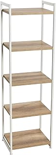 Household Essentials Jamestown Narrow 5 Shelf Open Storage Bookshelf Coastal Oak Rustic Wood Grain and White Metal