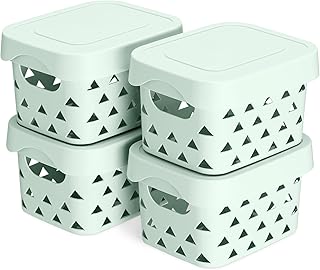 Navaris Plastic Storage Baskets with Lids (Set of 4) - 8.7" L x 6.9" W x 5.1" H - Stackable Basket Organizing Containers B...