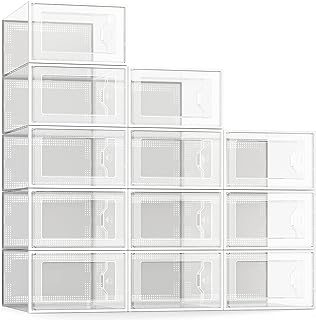 SEE SPRING Large 12 Pack Shoe Storage Box, Clear Plastic Stackable Shoe Organizer for Closet, Space Saving Foldable Shoe R...